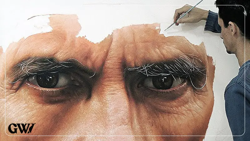 اثر هنری هایپررئالیستی با نمایش جزئیات مو و چهره با دقت خیرهکننده تصویر نقاشی هایپر رئال از چهره انسان با جزئیات دقیق پوست و نور